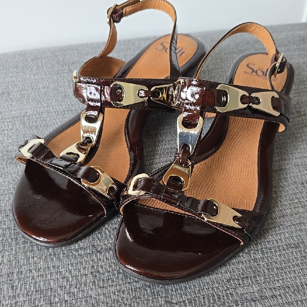 Sofft Brown and Gold Sandals with Ankle Strap